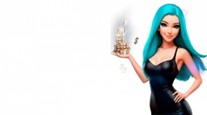 Изображение женского персонажа, держащего стопку монет, рекламирующего приветственный бонус в онлайн-казино БитСтарз в игривом и привлекательном стиле.